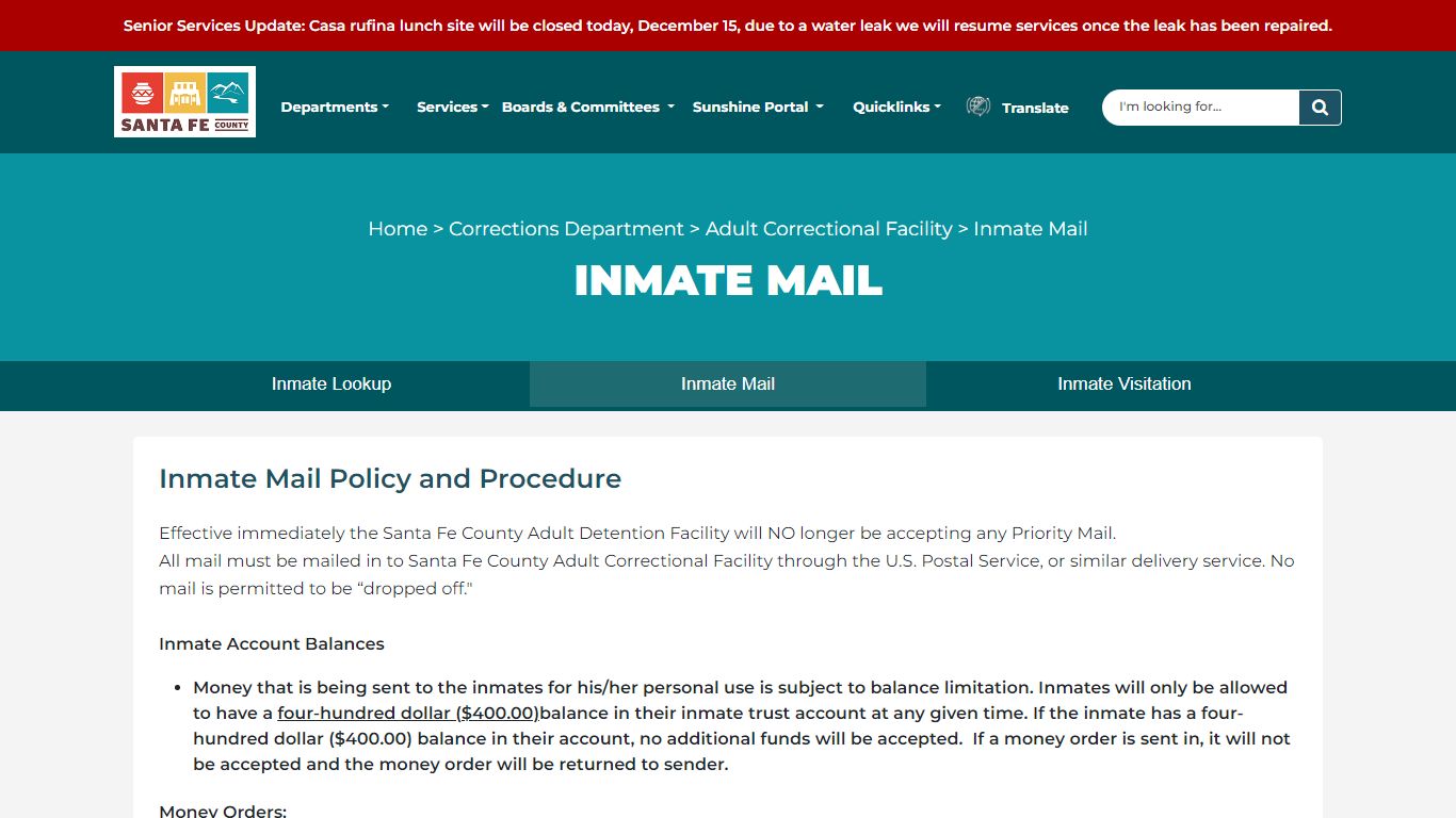 Inmate Mail | Santa Fe County